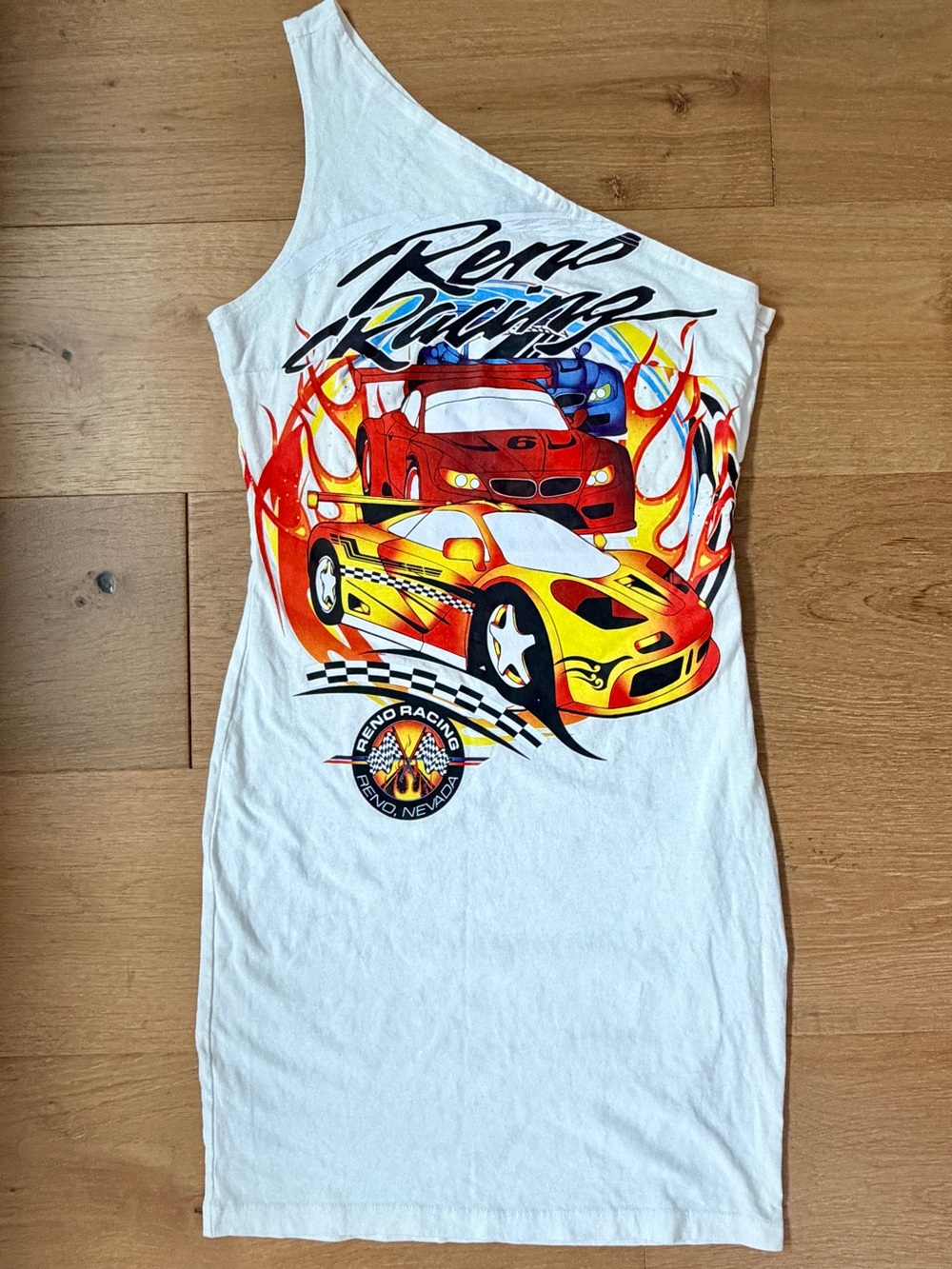 Reno Racing One-Shoulder Graphic Tee Car Mini Dress White Bodycon Women's Small